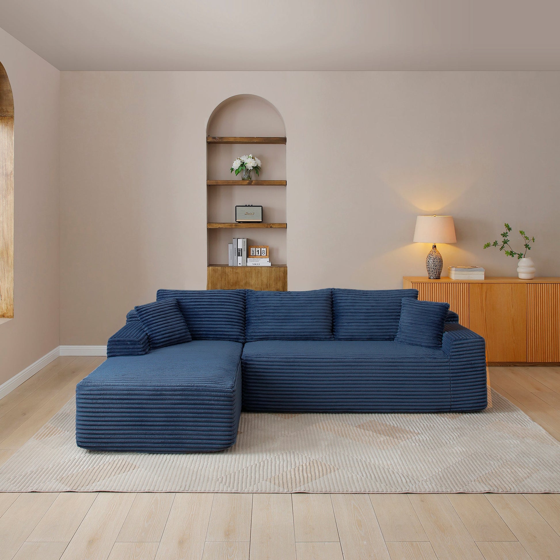 105'' modular sectional sofa with deep seats and chaise in blue upholstery on Tampa Home & Garden Store