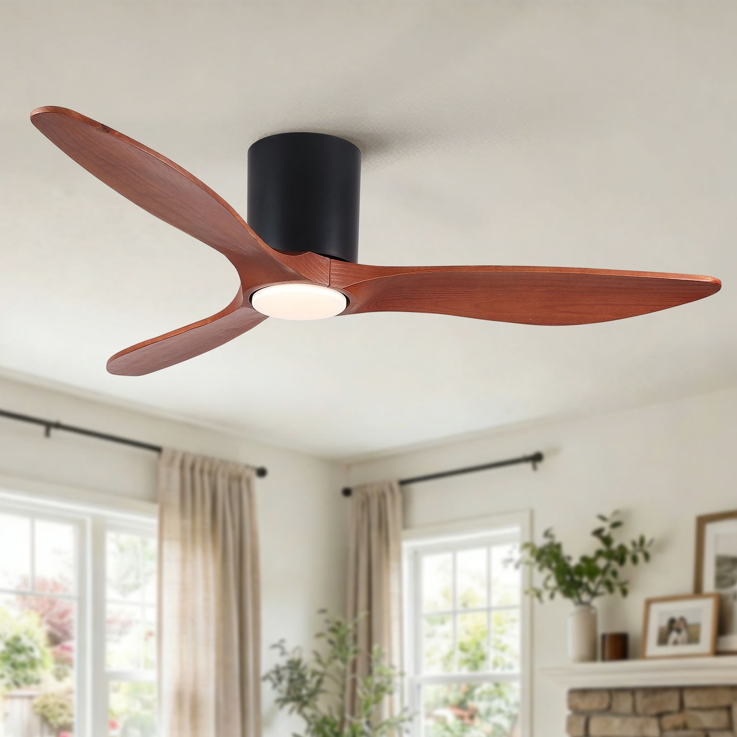 Low profile flush mount ceiling fan with light, matte black motor and copper wood blades on Tampa Home & Garden Store