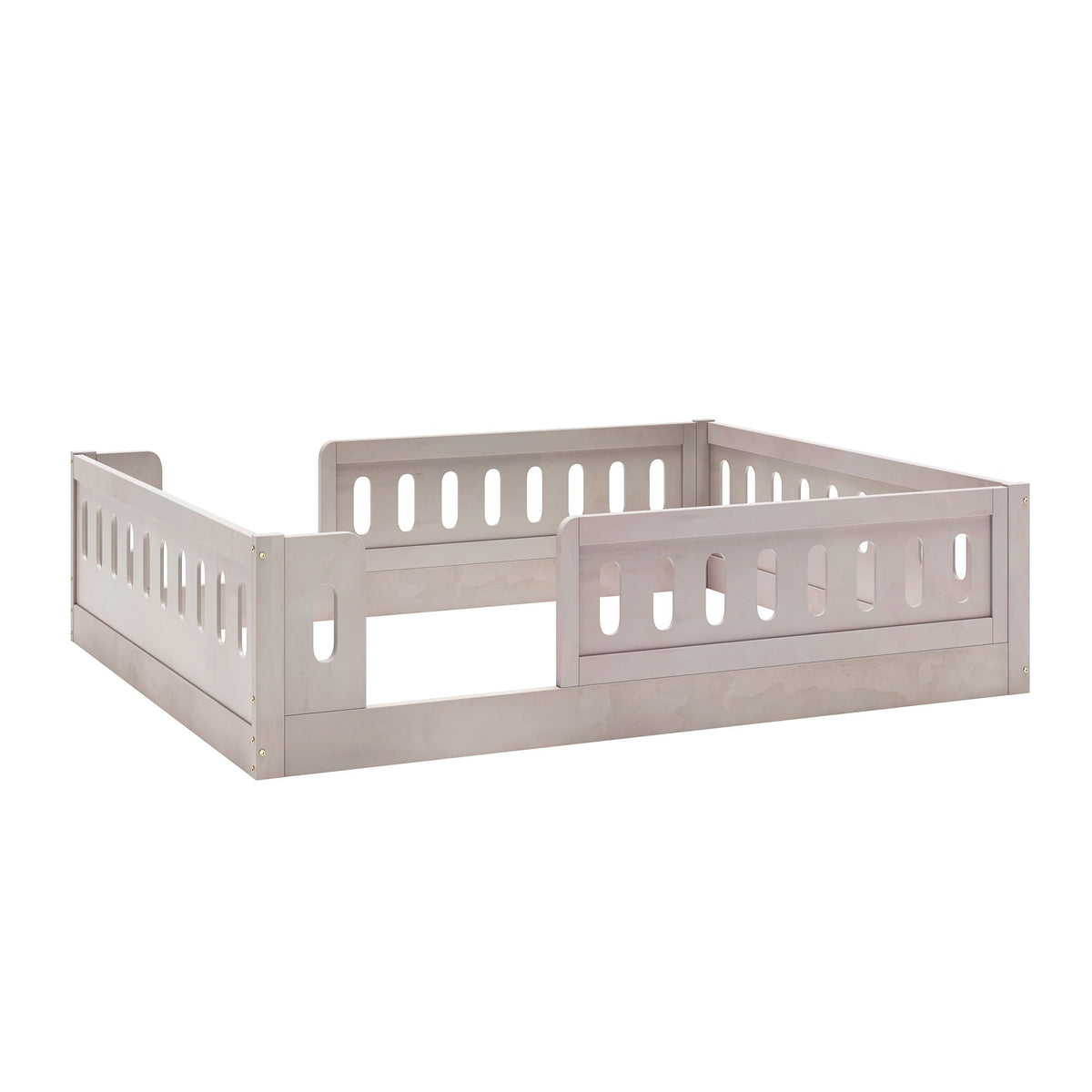 Platform bed with guardrail in light gray wood by HouseOfZazla; slotted side panels on Tampa Home & Garden Store