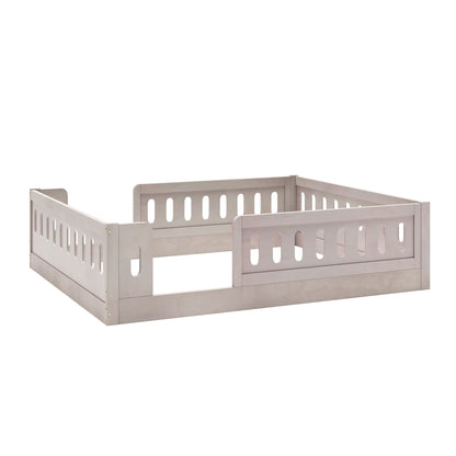 Platform bed with guardrail in light gray wood by HouseOfZazla; slotted side panels on Tampa Home & Garden Store