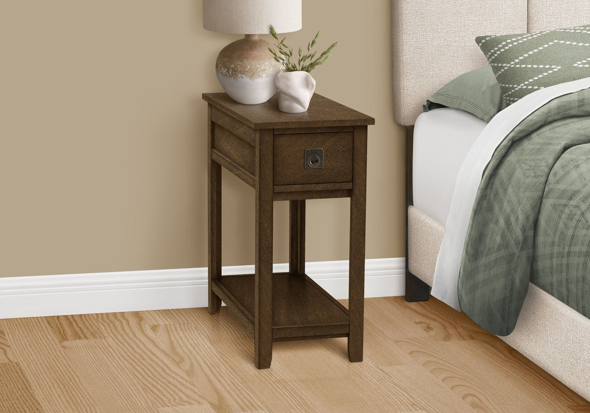 Accent End Table 2-Tier narrow dark wood with storage drawer, lamp and vase decor on top on Tampa Home & Garden Store