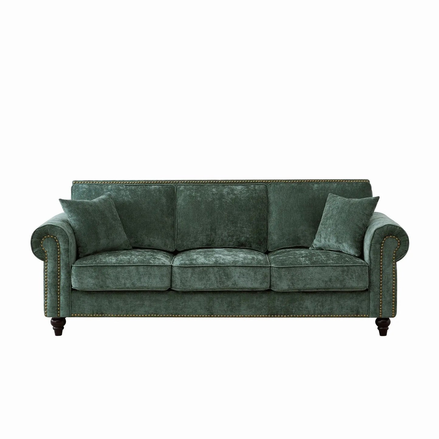 3 seater tufted velvet sofa with rolled arms and nailhead trim in teal green on Tampa Home & Garden Store