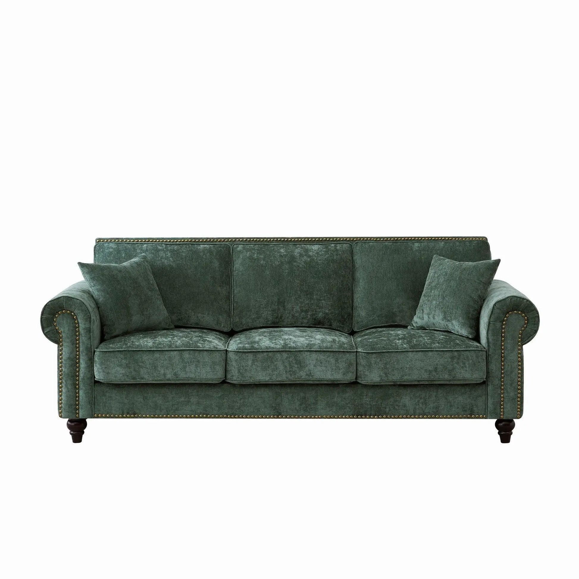 3 seater tufted velvet sofa with rolled arms and nailhead trim in teal green on Tampa Home & Garden Store