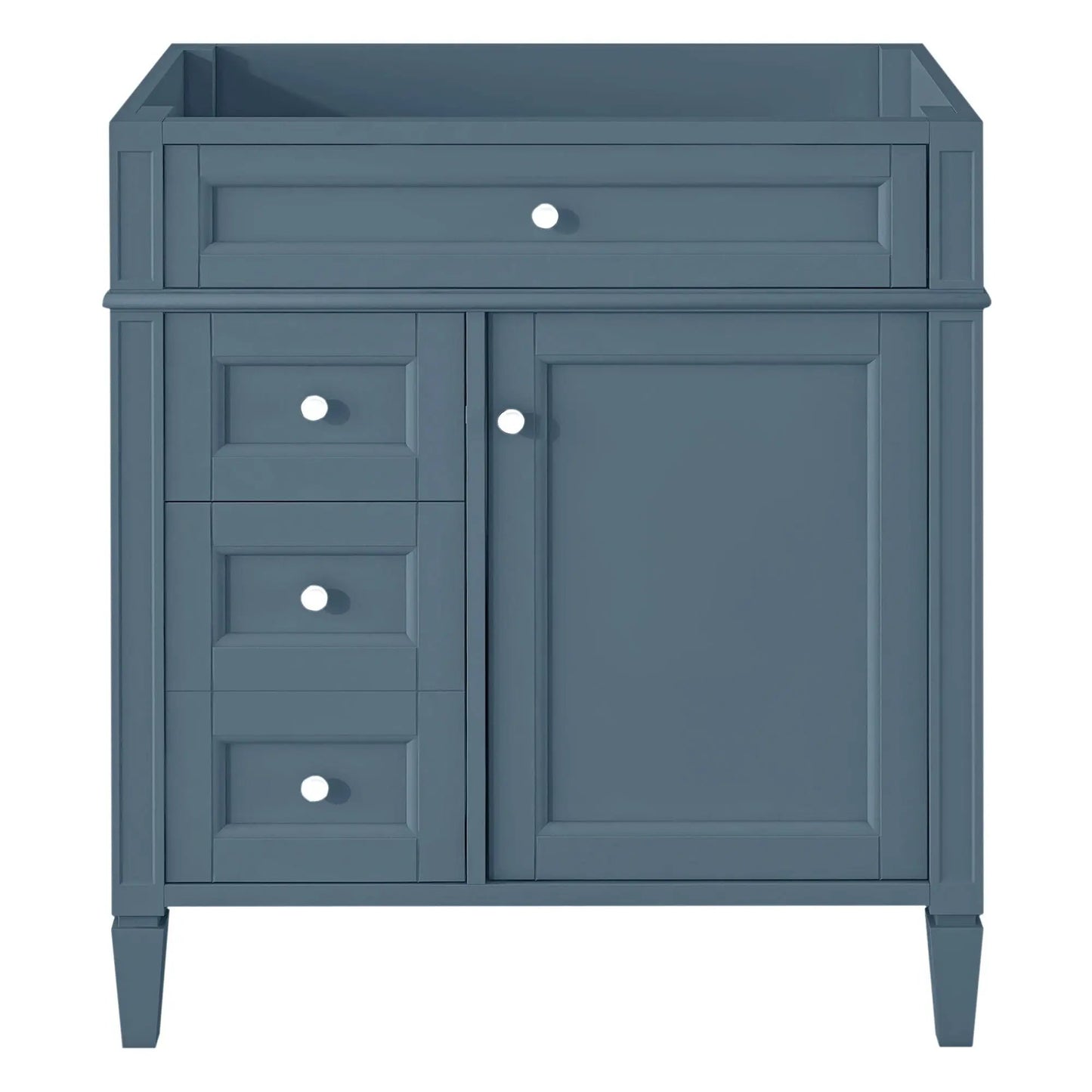 Bathroom vanity base in blue with stacked drawers and a top drawer, cabinet doors below on Tampa Home & Garden Store