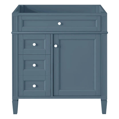 Bathroom vanity base in blue with stacked drawers and a top drawer, cabinet doors below on Tampa Home & Garden Store