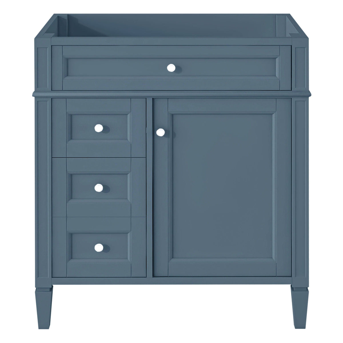 Bathroom vanity base in Indigo with framed drawer fronts and white knobs, tall drawer unit on Tampa Home & Garden Store