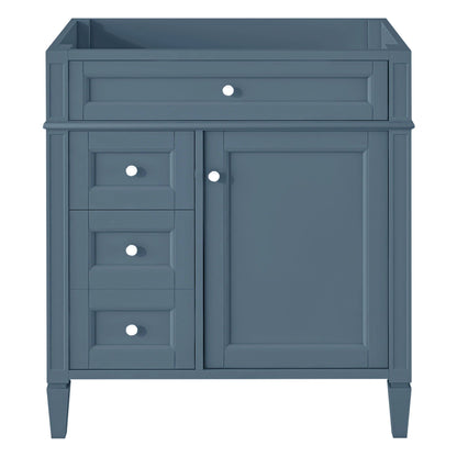 Bathroom vanity base in Indigo with framed drawer fronts and white knobs, tall drawer unit on Tampa Home & Garden Store