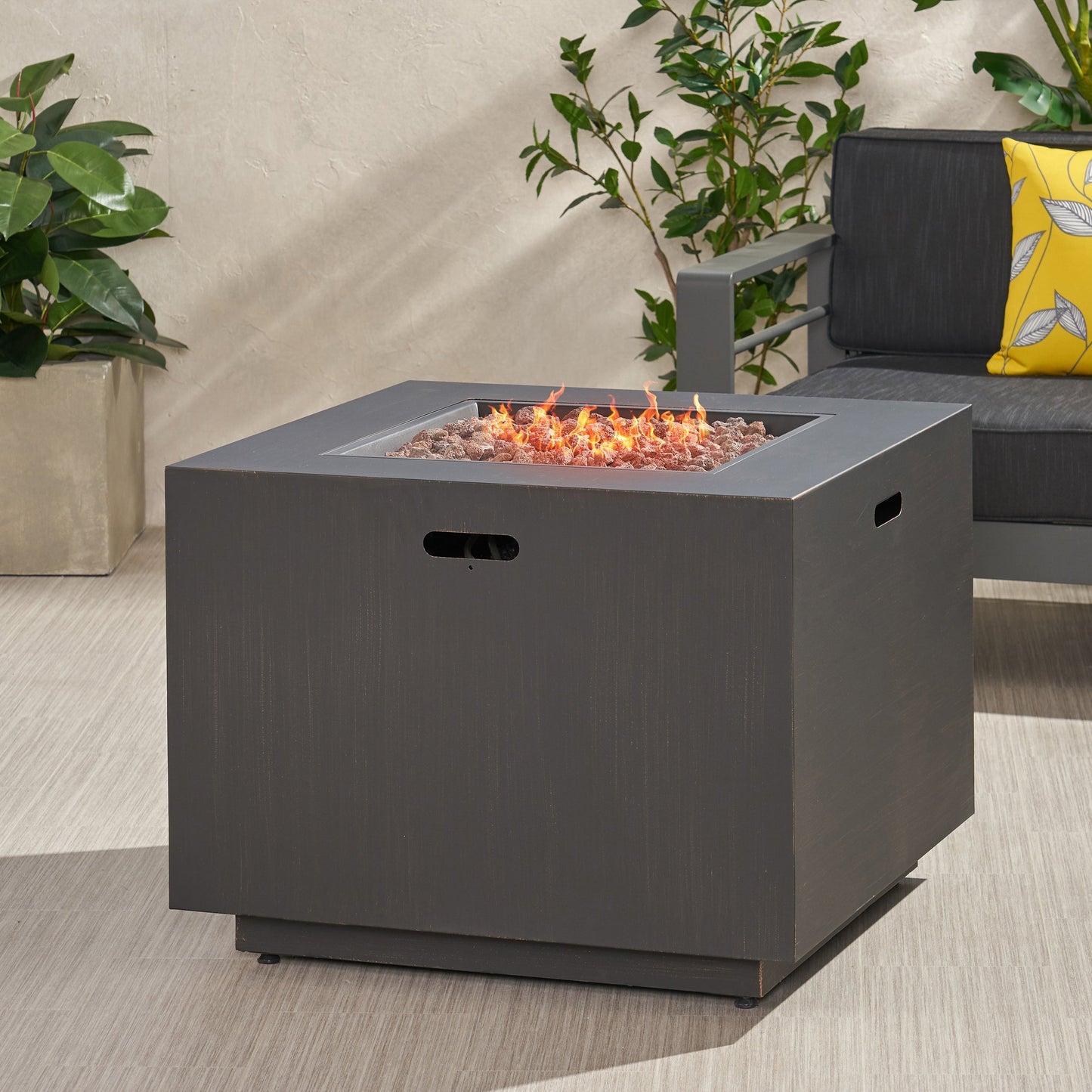 33in outdoor iron square propane fire pit brushed brown with lava rocks and flames on Tampa Home & Garden Store