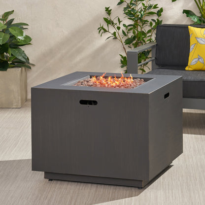 33in outdoor iron square propane fire pit brushed brown with lava rocks and flames on Tampa Home & Garden Store
