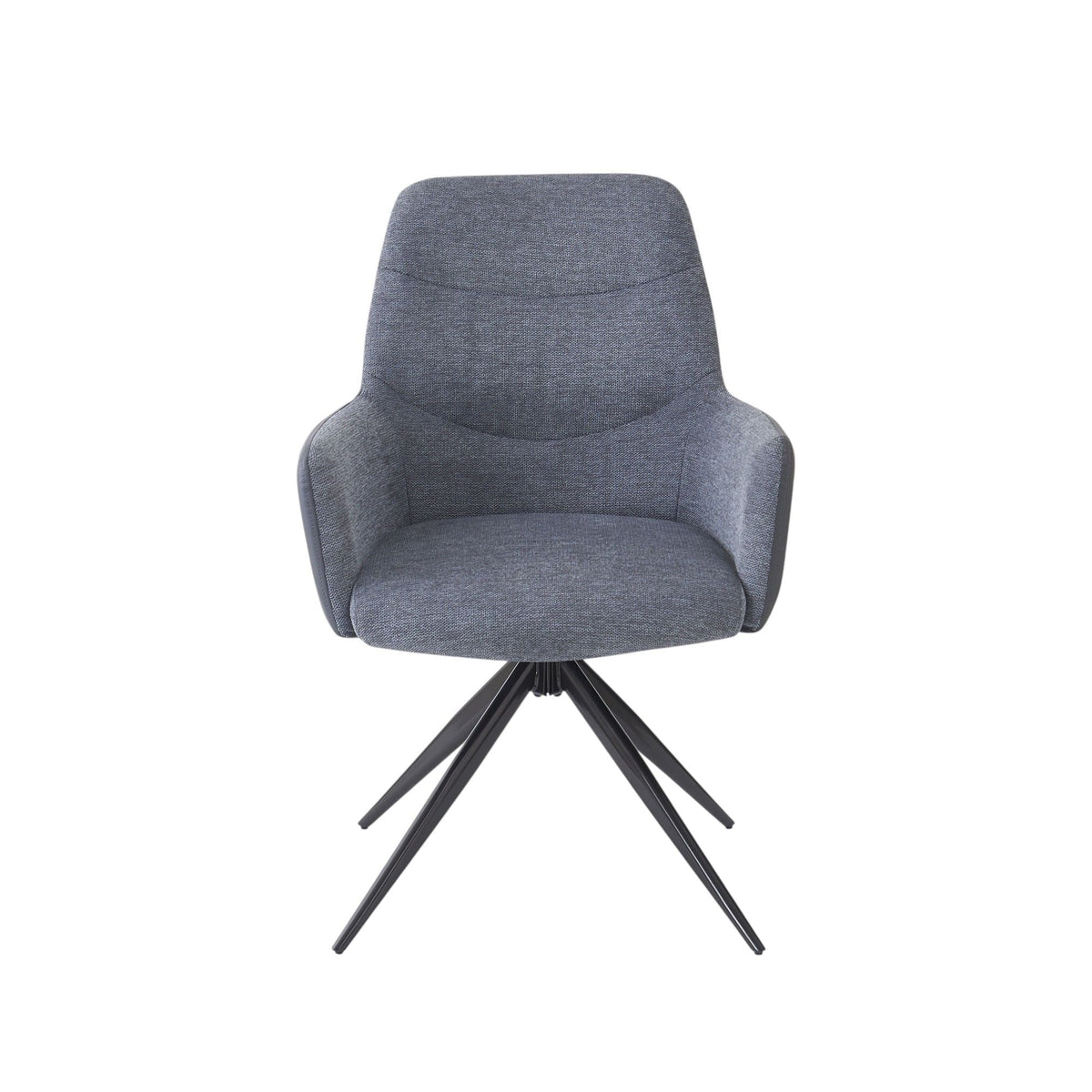 Gray upholstered arm chair with padded back and seat, black metal swivel base on Tampa Home & Garden Store