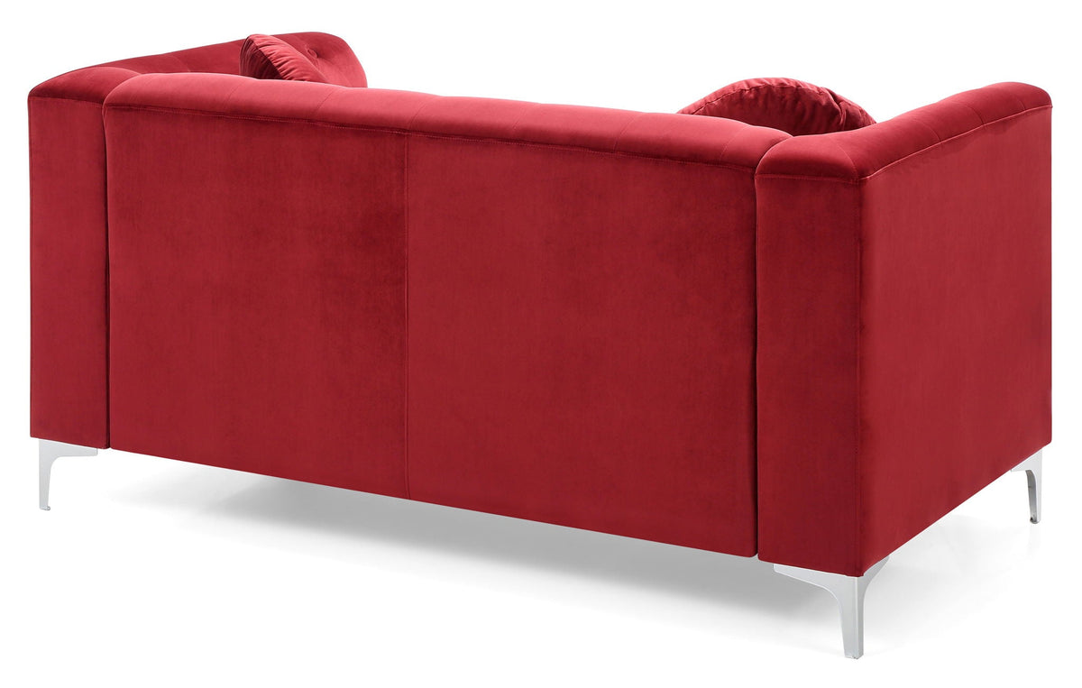 Stylish sloped-arm loveseat in red micro suede by HouseOfZazla with silver metal legs on Tampa Home & Garden Store