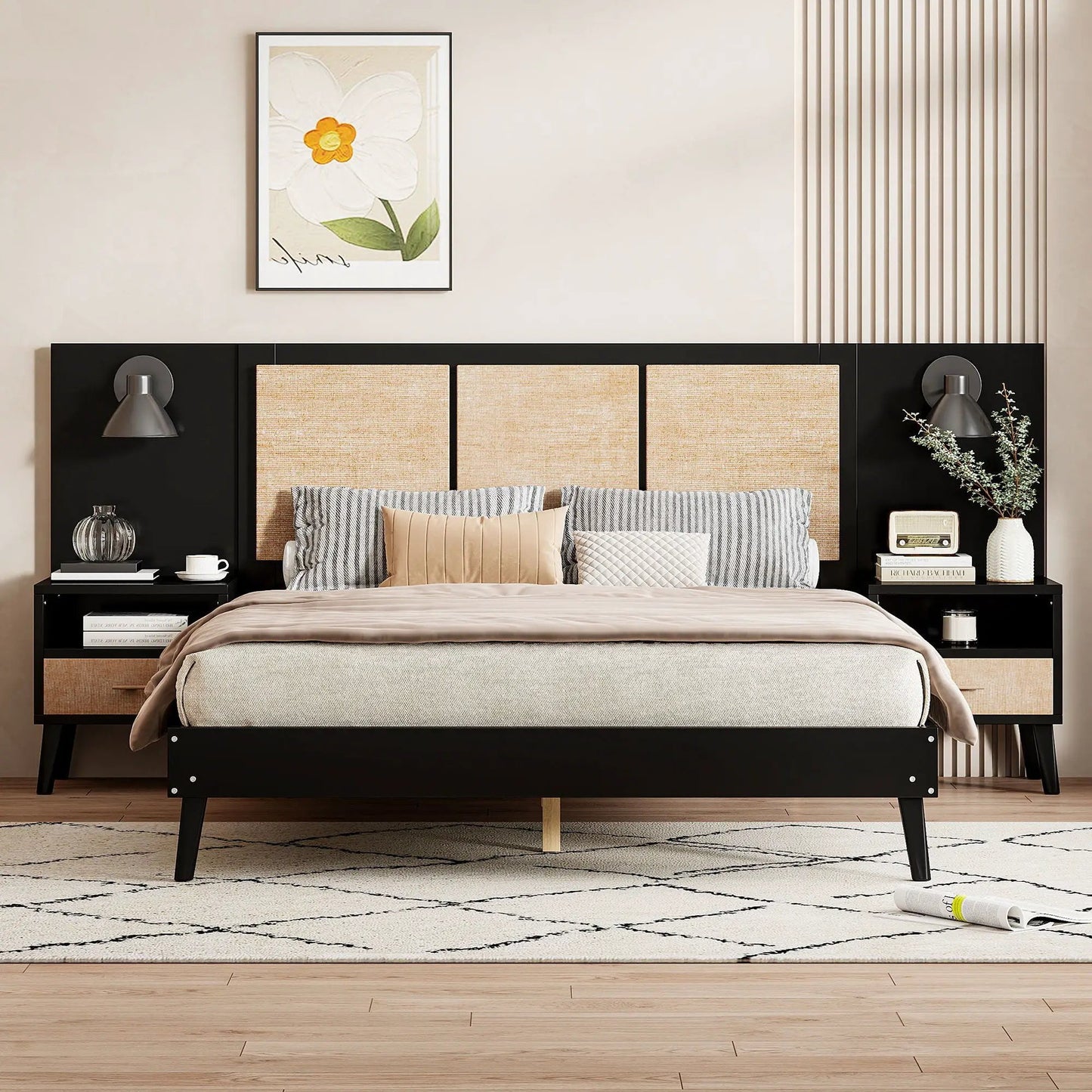 Bed frame with 2 nightstands and lamps, black frame with beige upholstered headboard panels on Tampa Home & Garden Store