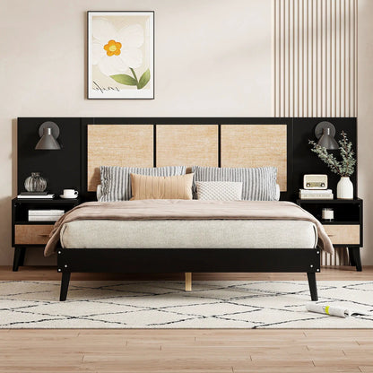 Bed frame with 2 nightstands and lamps, black frame with beige upholstered headboard panels on Tampa Home & Garden Store