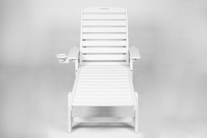 Outdoor lounge chair with white HDPE wood-texture slats and adjustable backrest HouseOfZazla on Tampa Home & Garden Store