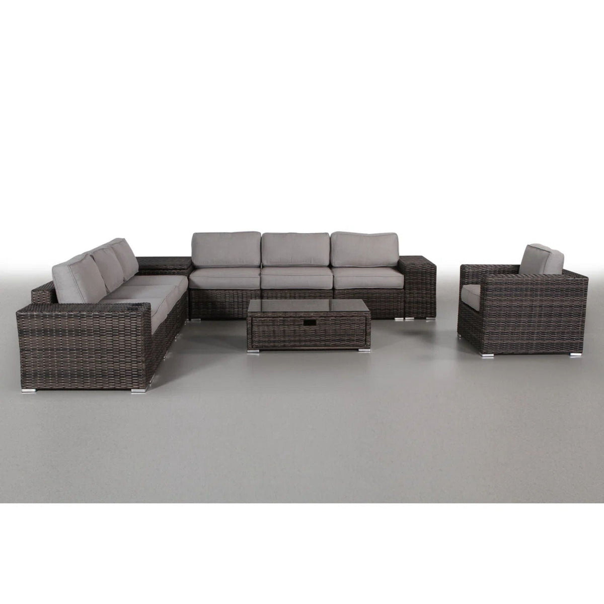 Modern patio rattan 4-piece sectional set with gray cushions and glass-top coffee table on Tampa Home & Garden Store