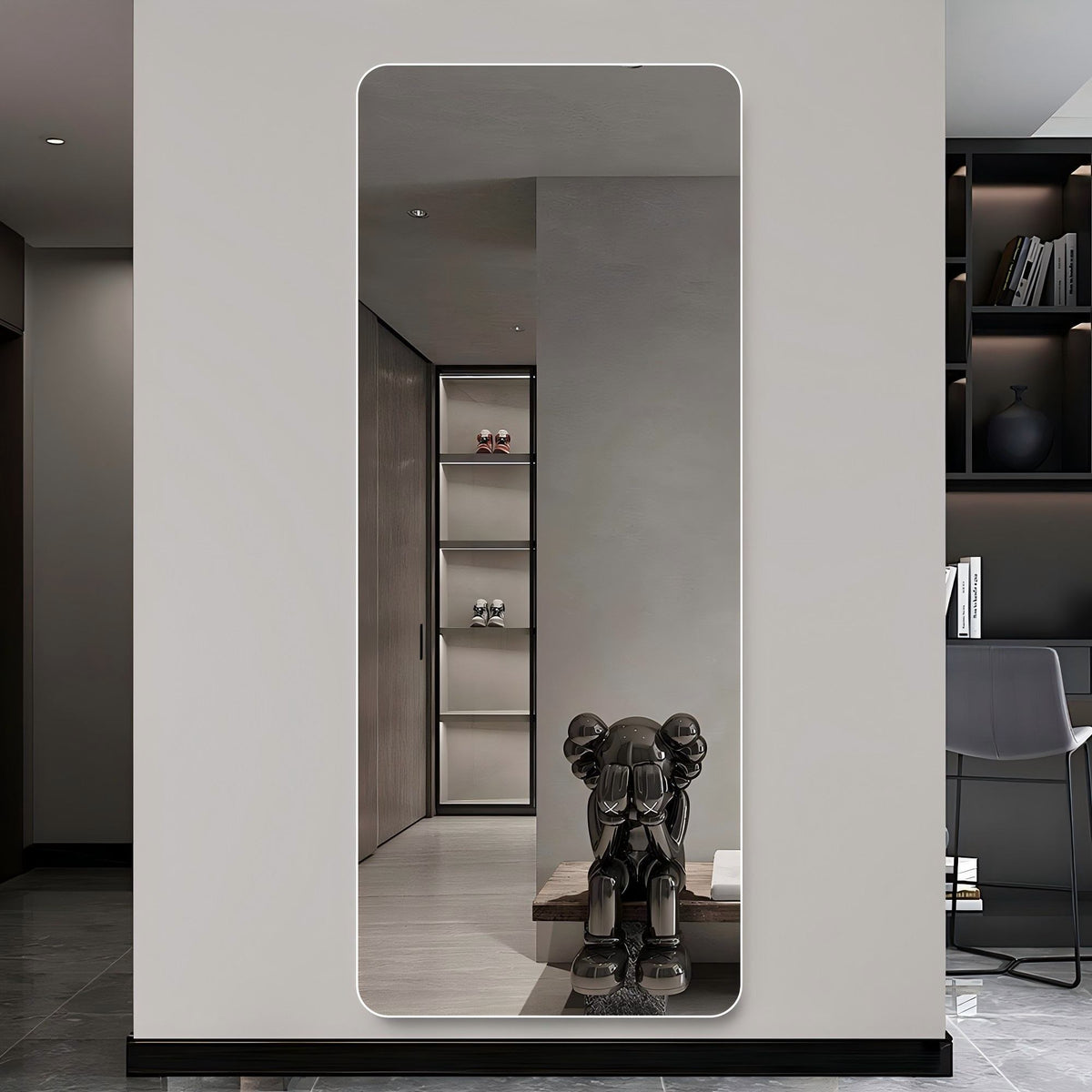 Full Body Round Corner Mirror, tall wall mirror with white edge in modern closet on Tampa Home & Garden Store