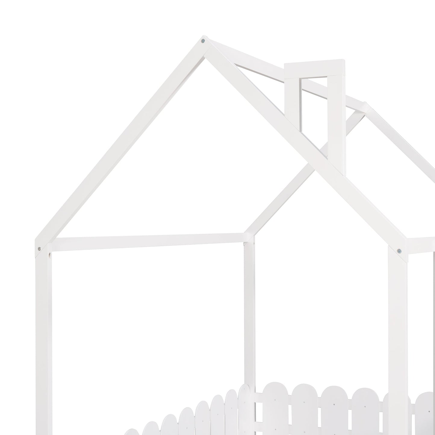 Full Size Wood Bed House Bed Frame with Fence for Kids (White)