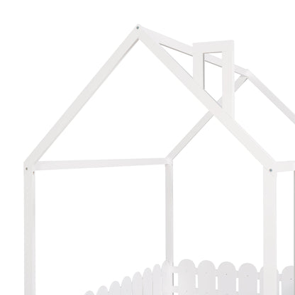 Full Size Wood Bed House Bed Frame with Fence for Kids (White)