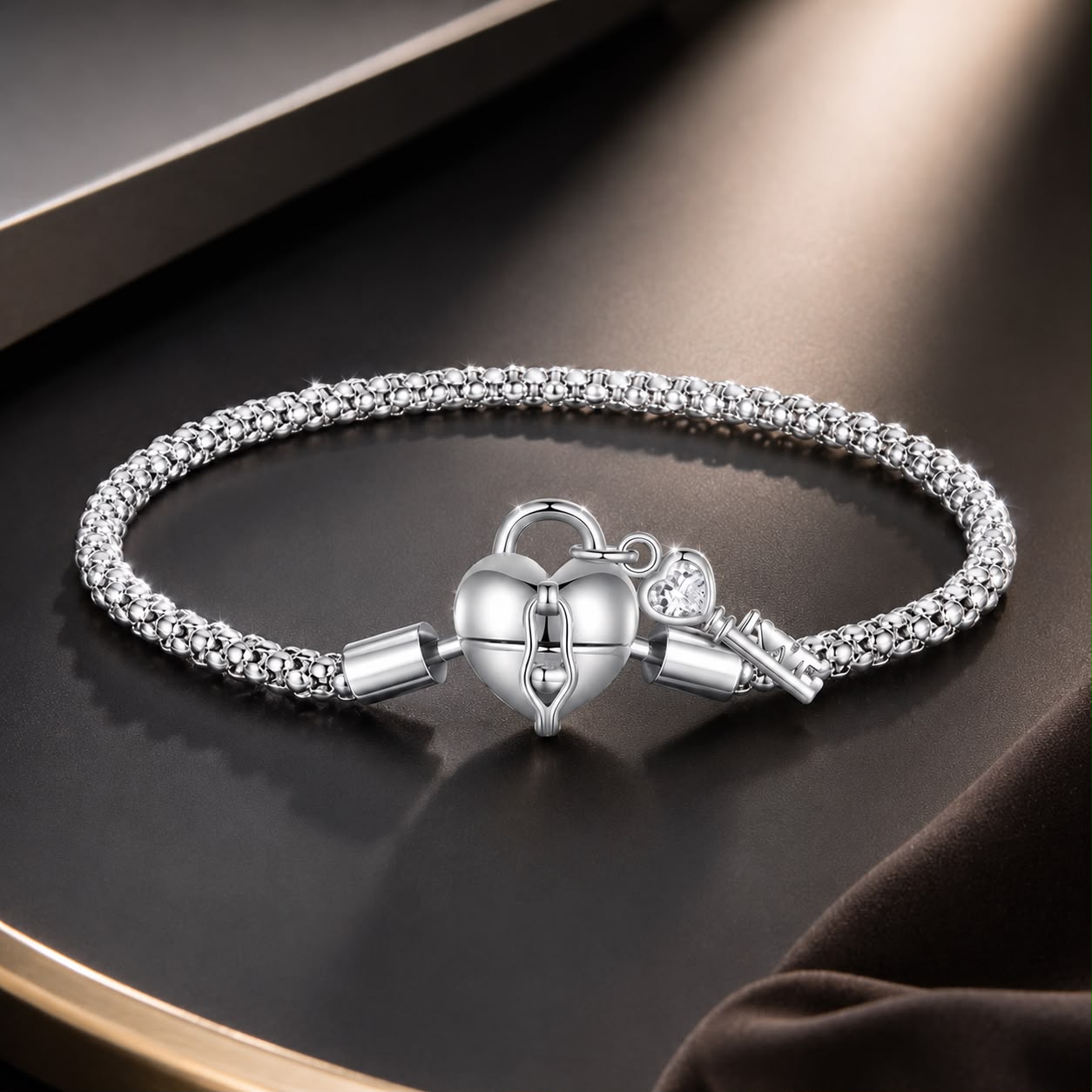 925 silver pavé CZ bracelet with heart lock and key charm, size 17, by Bids.com on Tampa Home & Garden Store