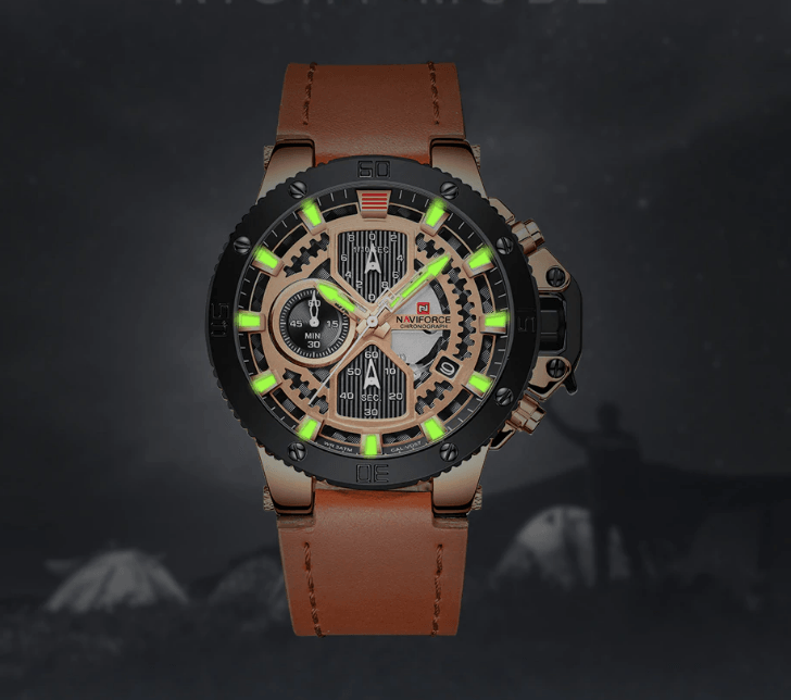 Stevvex ST1N600MK men's chronograph watch with brown leather strap and luminous green hands on Tampa Home & Garden Store