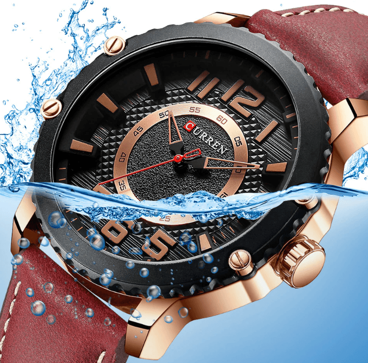Stevvex men's waterproof sport watch with brown leather strap, black dial, copper bezel, large numerals on Tampa Home & Garden Store