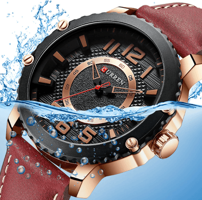 Stevvex men's waterproof sport watch with brown leather strap, black dial, copper bezel, large numerals on Tampa Home & Garden Store