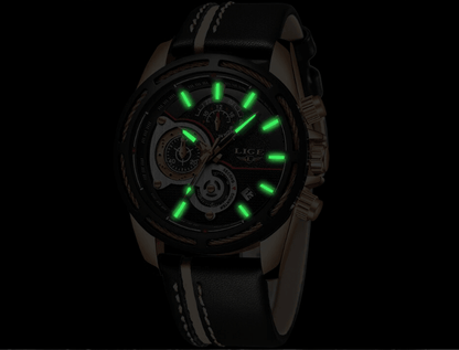 Waterproof Men's Sports Watch with leather strap, black dial and green luminous markers on Tampa Home & Garden Store