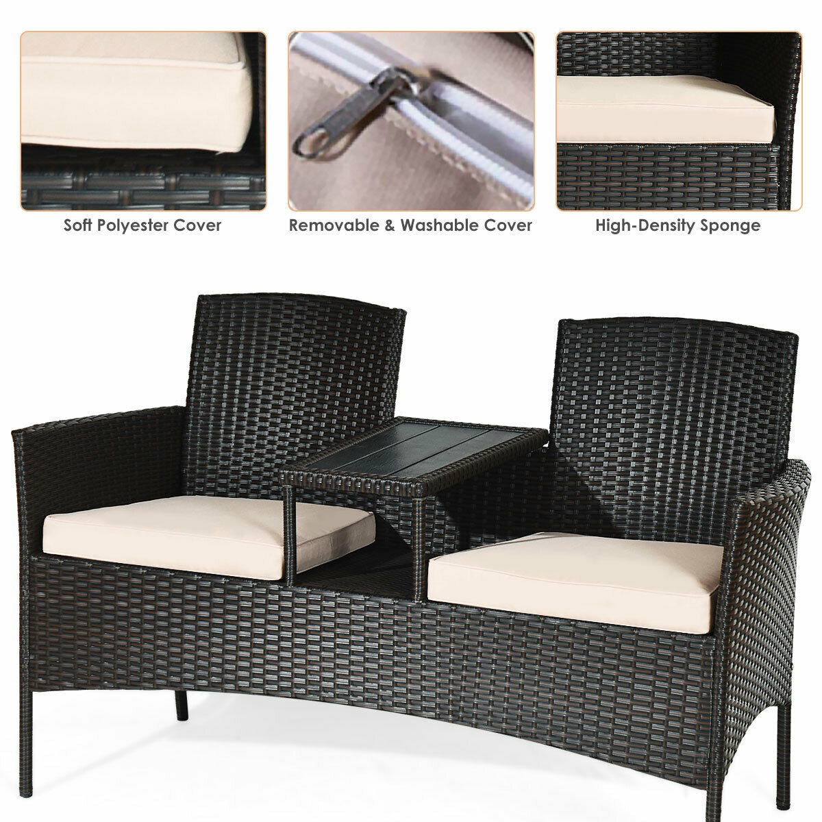 Juego moderno de conversación para patio con mesa de café integrada y cojines - Beige