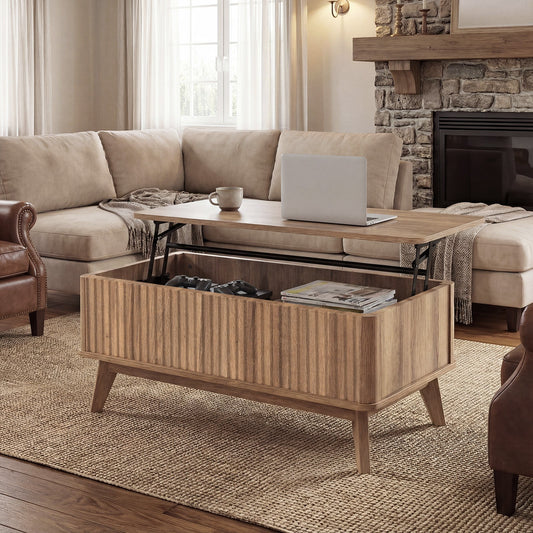 35.5" Rectangle Wooden Fluted Lift Top Coffee Table-Walnut - Tampa Home & Garden Store