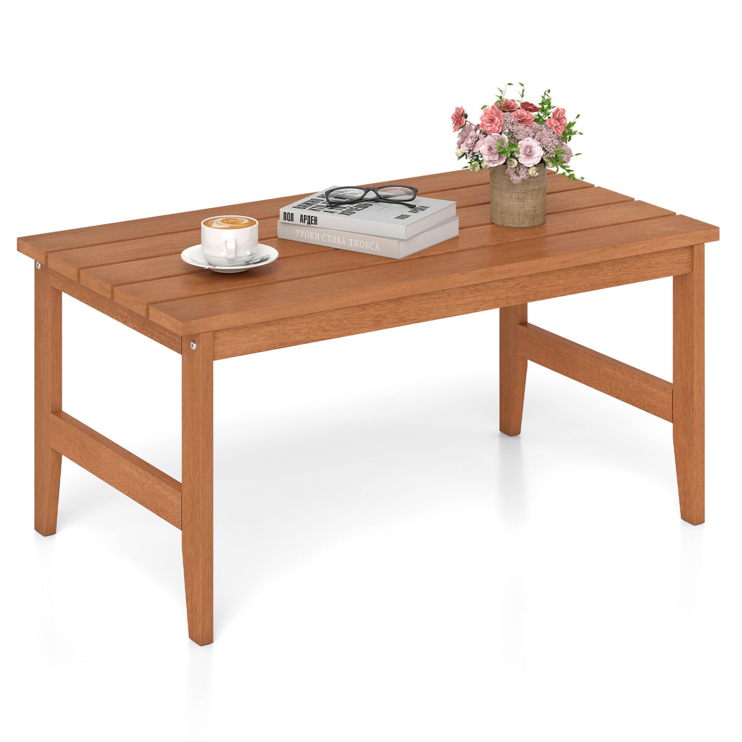 Rectangular teak outdoor coffee table by DirectDeals with slatted top; books and pink flower vase on Tampa Home & Garden Store