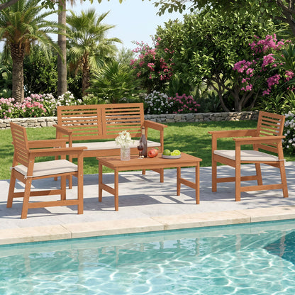 Rectangular teak wood outdoor coffee table with cushioned seating by a pool on Tampa Home & Garden Store