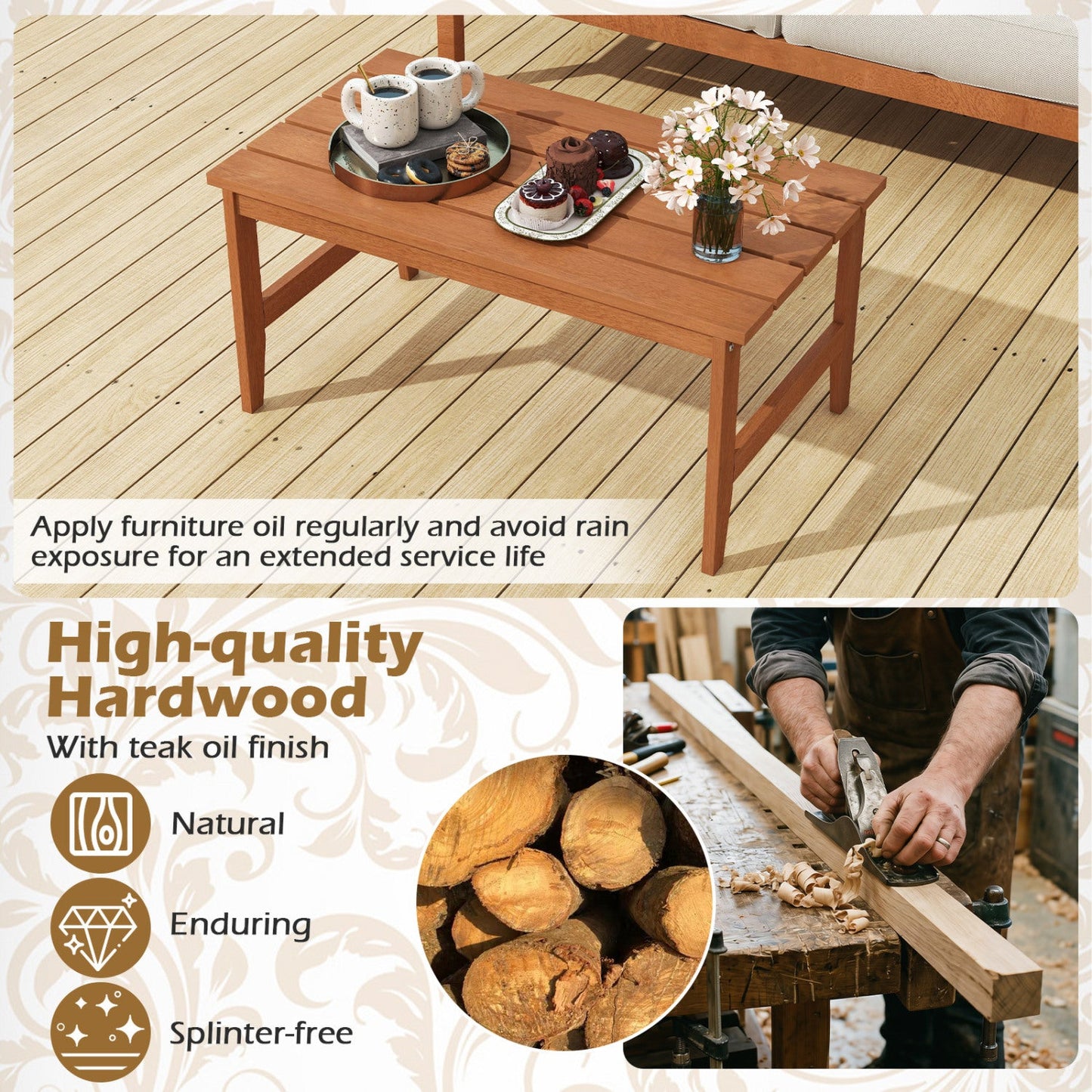 Rectangular Teak Wood Outdoor Coffee Table 35.5in with natural finish by DirectDeals on Tampa Home & Garden Store