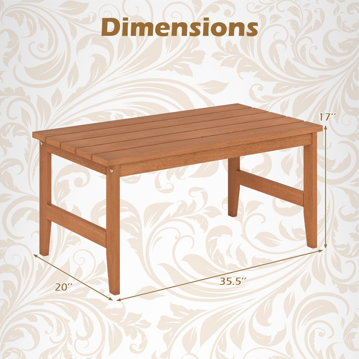 Rectangular teak outdoor patio coffee table with a slatted top, 35.5in long, 20in wide, 17in high on Tampa Home & Garden Store