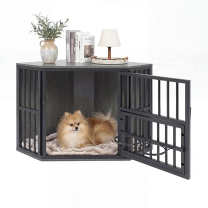 Wooden Dog Crate End Table with Adjustable Bowl