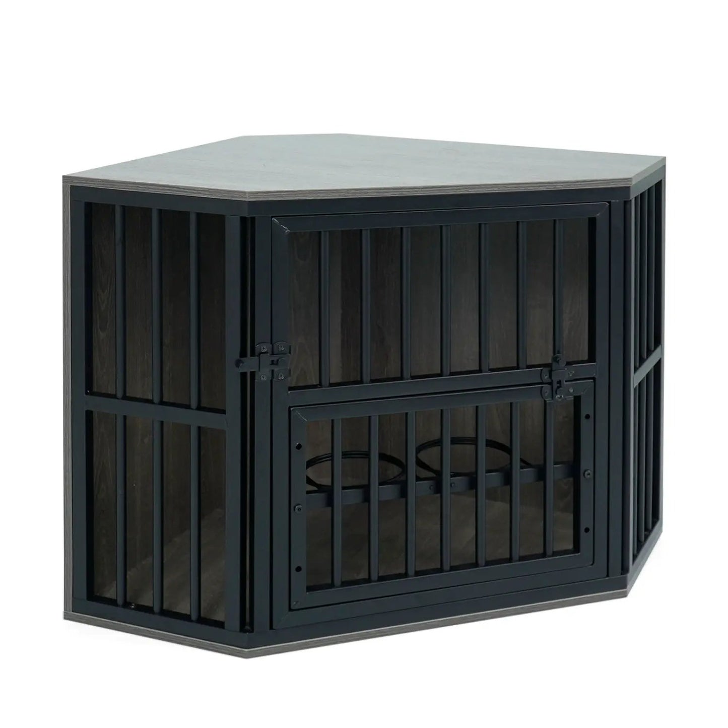 Wooden Dog Crate End Table with Adjustable Bowl