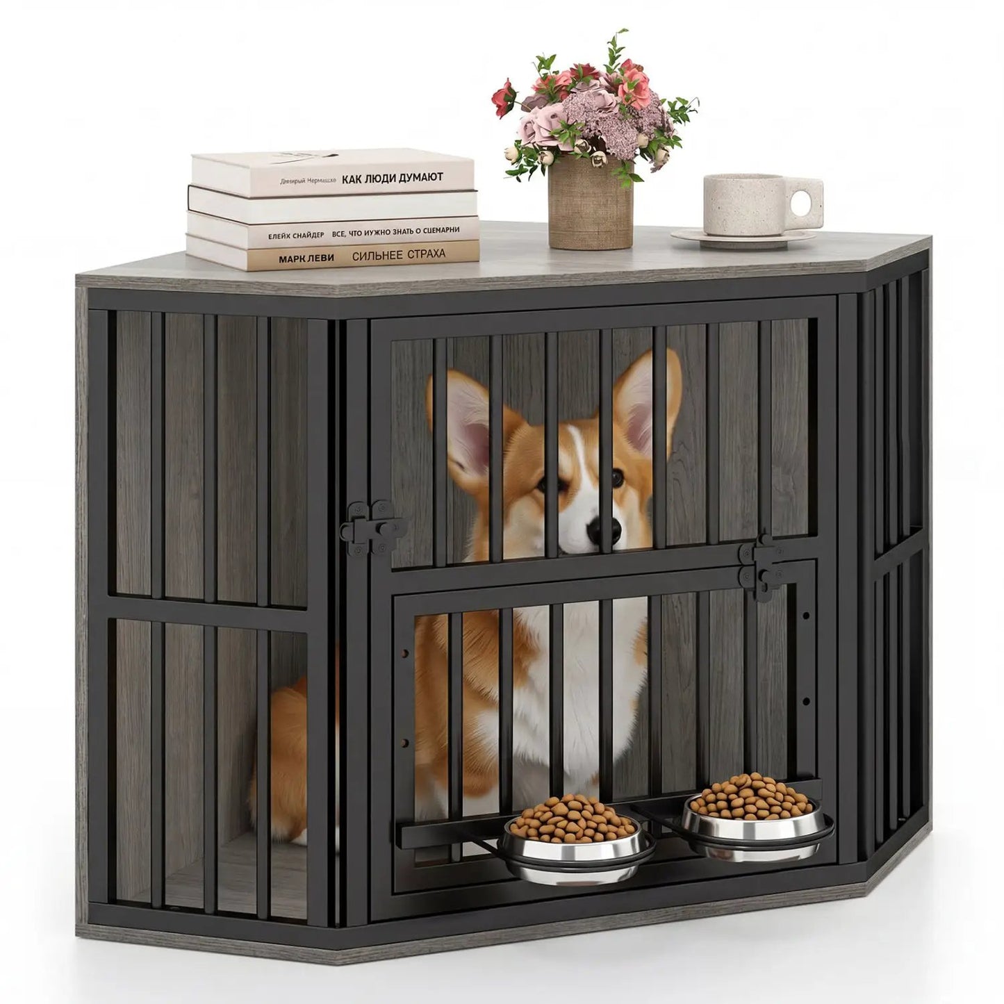 Wooden Dog Crate End Table with Adjustable Bowl