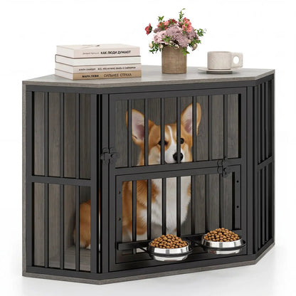 Wooden Dog Crate End Table with Adjustable Bowl