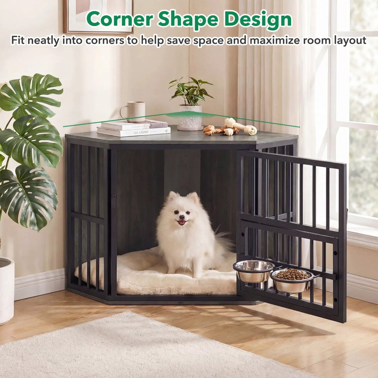 Wooden Dog Crate End Table with Adjustable Bowl