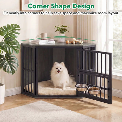 Wooden Dog Crate End Table with Adjustable Bowl
