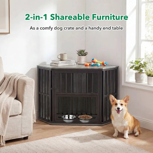 Wooden dog crate end table by DirectDeals with adjustable bowl rack black cabinet 2 bowls on Tampa Home & Garden Store
