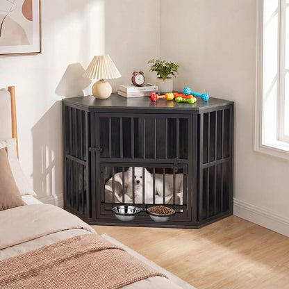 Wooden Dog Crate End Table with Adjustable Bowl