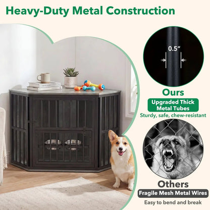 Wooden Dog Crate End Table with Adjustable Bowl