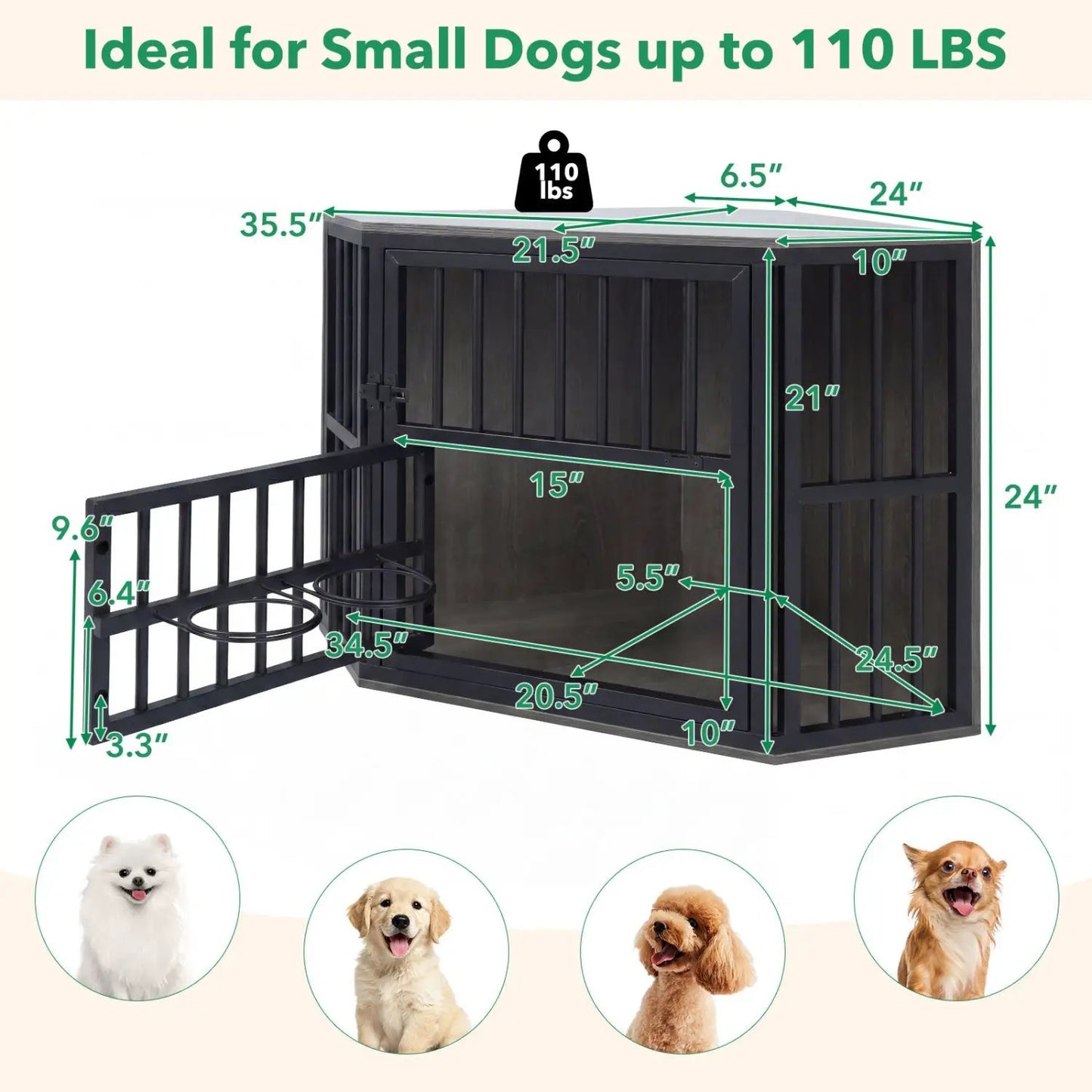 Wooden Dog Crate End Table with Adjustable Bowl