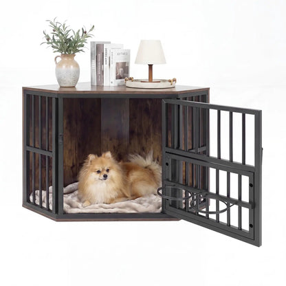 Wooden Dog Crate End Table with Adjustable Bowl