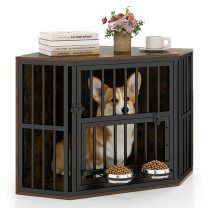 Wooden Dog Crate End Table with Adjustable Bowl