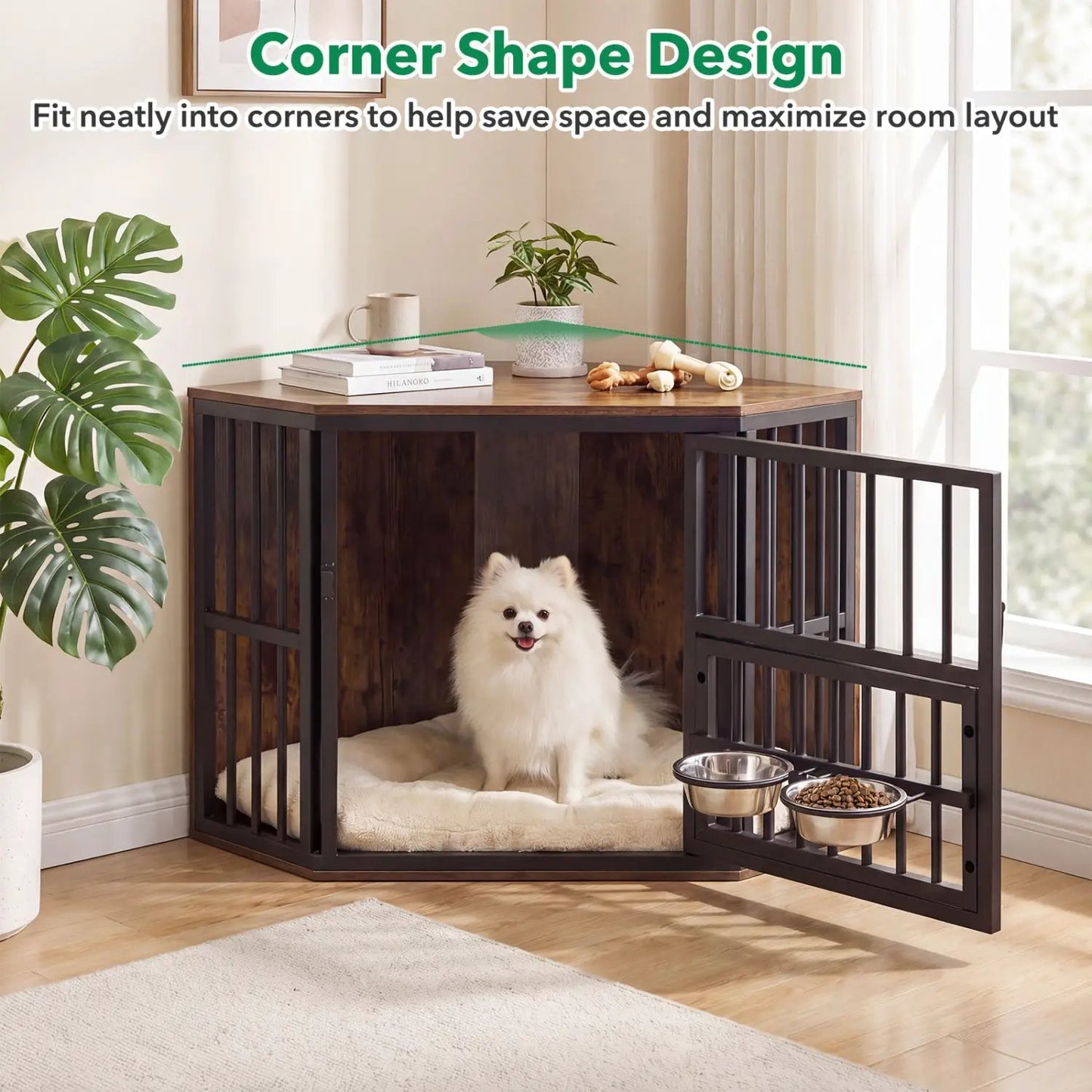 Wooden Dog Crate End Table with Adjustable Bowl
