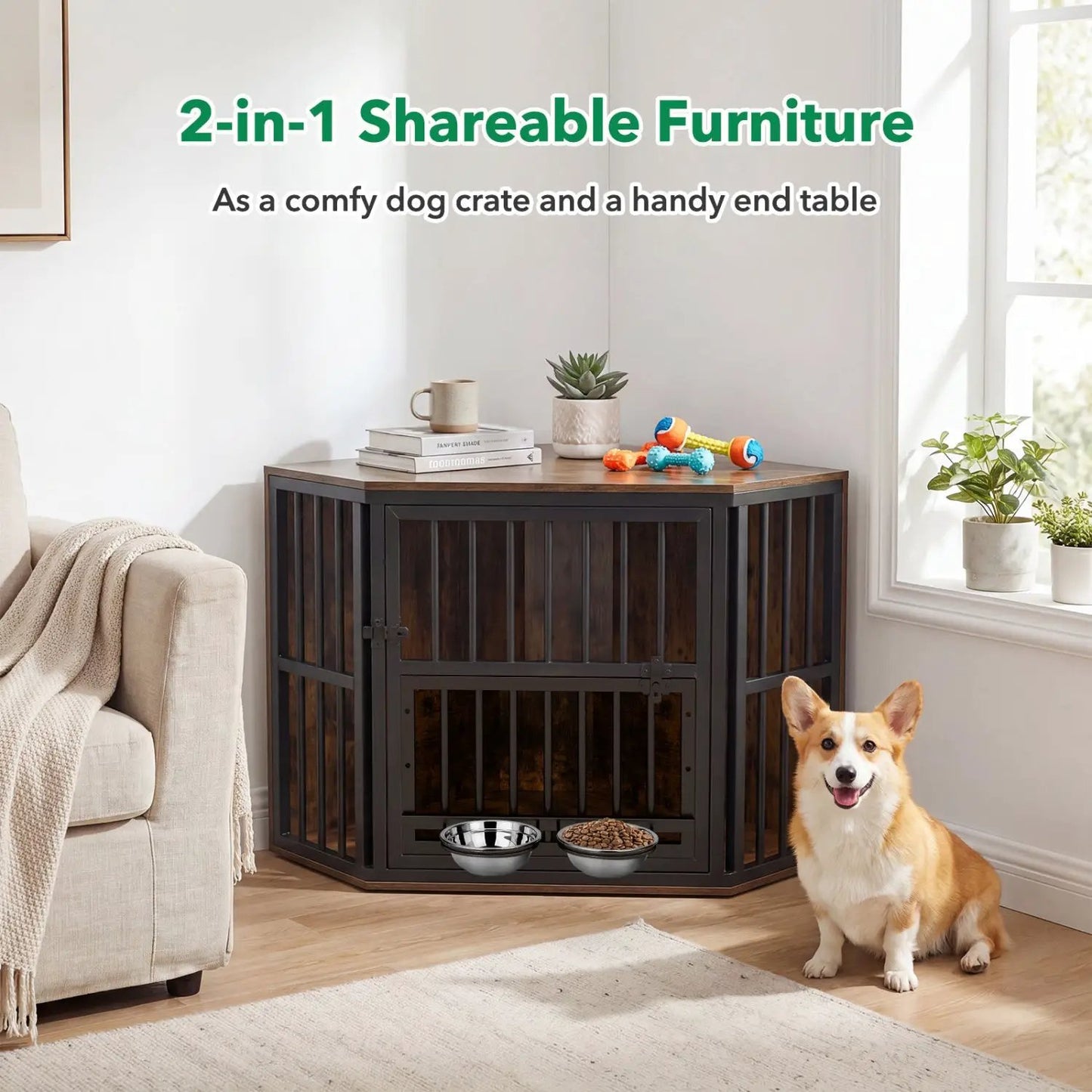 Wooden Dog Crate End Table with Adjustable Bowl