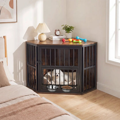 Wooden Dog Crate End Table with Adjustable Bowl