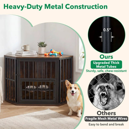 Wooden Dog Crate End Table with Adjustable Bowl