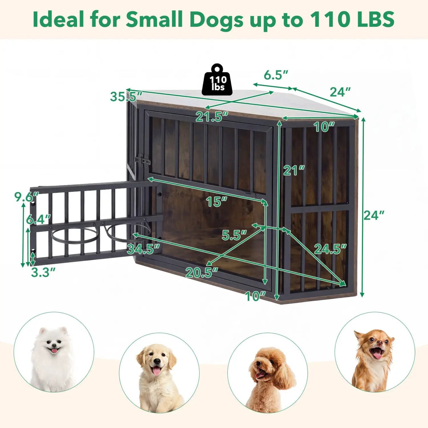 Wooden Dog Crate End Table with Adjustable Bowl
